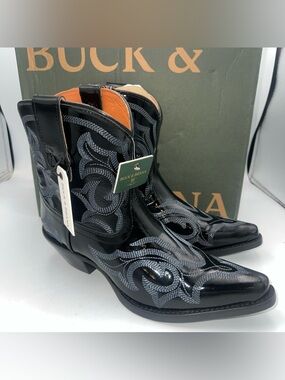 BUCK & BRANA Regina Charol Black All Leather Cowgirl Boot Size EU38.5 US8-8.5NWB